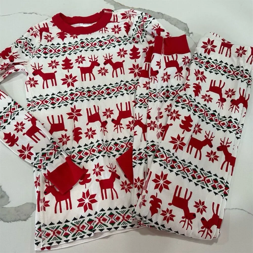 Hanna Andersson Kids Size 12 Red Christmas Pajama Set Reindeer Tree SI59 - Picture 1 of 2
